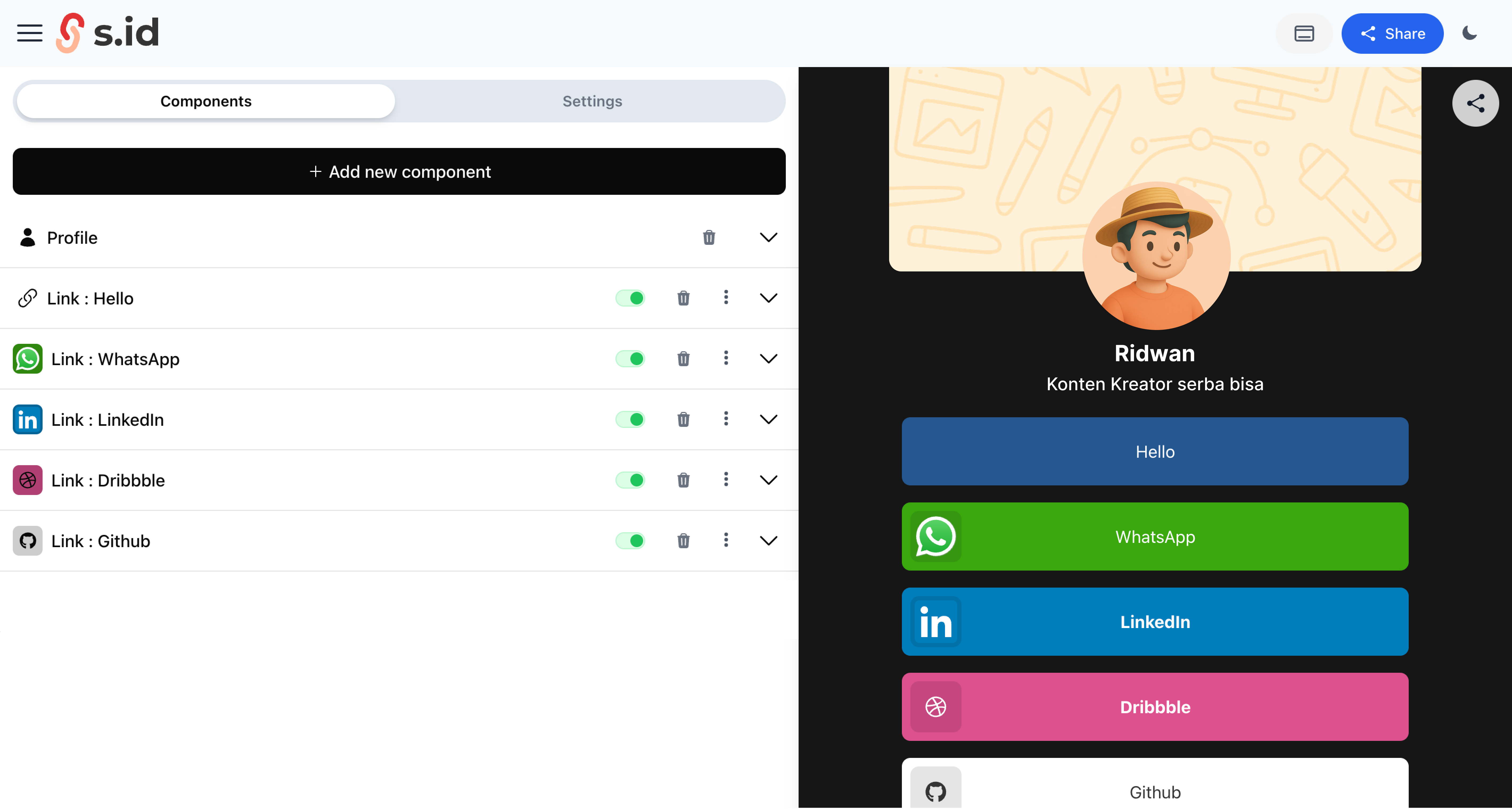 s.id microsite builder interface