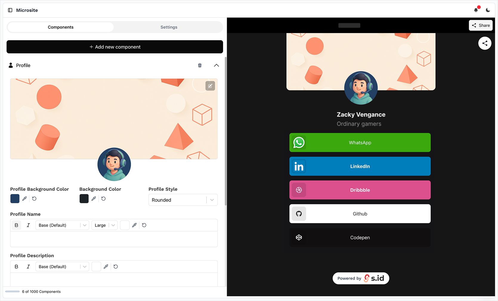 s.id microsite editor na may component controls at live page preview